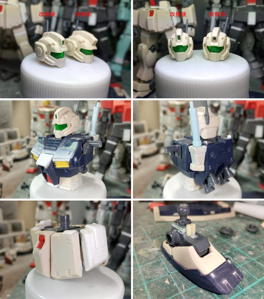 顔は寒冷地仕様ぽくしたくて口を広げて、それに合わせてサイドのダクトを短縮。頭頂部のサブカメラの角度を変更した。胸部は少しだけバストアップ