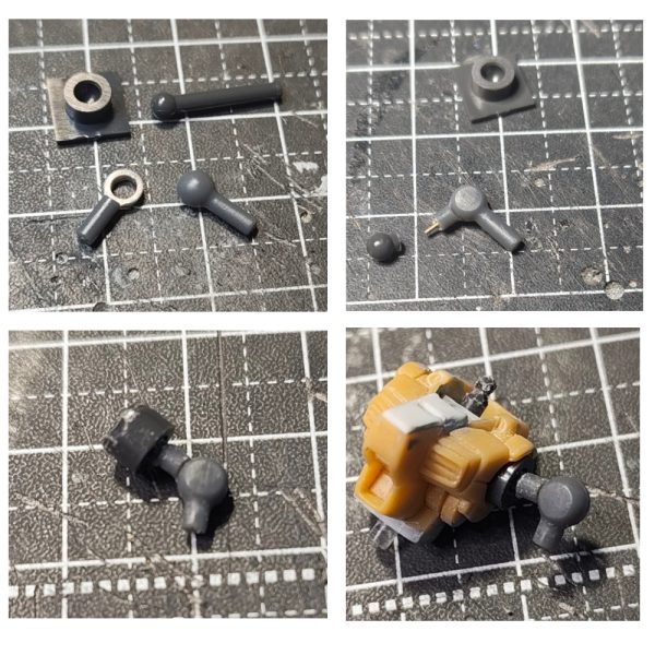 ガンダムアーティファクト Hi-νガンダム 腕部 胸部改修①腕の可動化。可動化は前回と同じ感じ。肩のTジョイントをコトブキヤのABSユニット01からホビーベースの関節技球体ジョイントミニに変更。軸径が2.3㎜から2㎜になったので二の腕の穴を若干小さくすることができ、保持と耐久度をUP。いつもどおり、BJ03のボール軸を切って、ジョイントミニに移植(真鍮パイプ0.5㎜を軸打ちで補強)胸部に入り込むようにBJ03の受けの余分なところをカット。ジョイントミニの軸径も短くカット。②肘関節は、いつものコトブキヤABSユニット01の最小Tジョイントで。(このコトブキヤのTジョイントが廃盤なのか売ってません。このサイズTジョインの代用が見つかりません!手持ちも無くなりました(>_<)肩アーマーは軸にハマるように加工。スラスターはモナカなので作りなおします。なので排除。③胸部 少しディテールを変更。胸部真ん中のアーマーのラインが嫌なので削って無くし、低くなった分をプラ板で。ダクトも別パーツに見えるように削りこむ。首の可動も前回と同様BJ03のBJを移植し、軸先をボール状に削り頭部側で可動化。補強で0.5㎜真鍮パイプを軸打ち。背中は、このハイニュー独特のバックパックがめり込んでいる状態なので、写真のようにカット。バックパックをその形に合わせて新造。前回は背中をえぐって加工はしてないので厚ぼったい感じを解消できました。前回より自然な感じに可動化を仕込むことが出来たと思います!あとは細部を攻めていきますか~(2枚目)