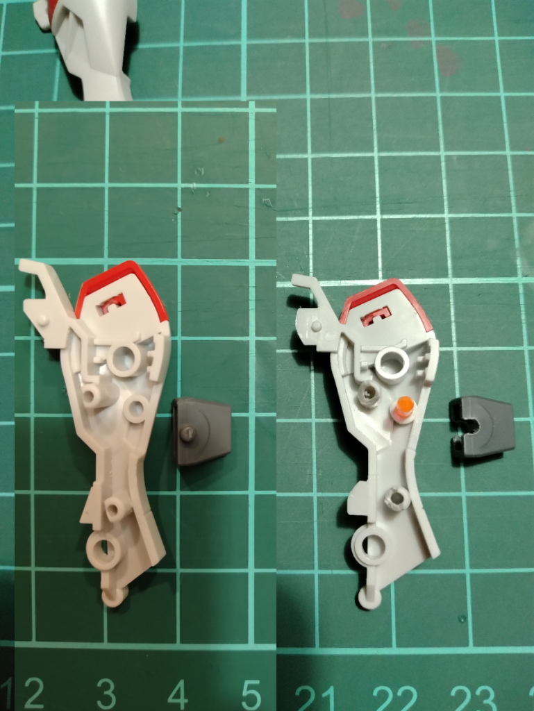 合わせ目の処理、後ハメ加工①脛の裏側に大きく合わせ目がありそのまま合わせるとスラスターが取付けできなくなるので、塗装のを塗り分けやすくするためにダボ穴を変更してます。&nbsp;