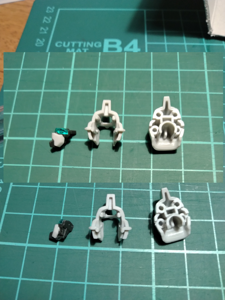 合わせ目の処理、後ハメ加工②側面にある排気口のパーツに沿って分割されてはいるんですがそれでも気になるところがあったのでサブカメラ周辺の合わせ目消し、ツインアイの部分を後ハメできるようにパーツを削ってます。塗装の際にパーツが分かれていることで色ムラを減らすためです。作成動画を見てとても参考になりました。ありがとうございます。