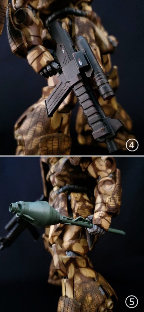 ④　アサルトライフル残党らしく、いつの時代にどんなMSが使っていたかもわからない武器としました。ベースはNT-1のビームライフル。プラ板やジャンクパーツ等で形状変更。⑤　シュツルムファウスト持ち手部分をジャンクパーツ(ギラ・ドーガ？)から。先端はジャンクパーツ等で。特殊な弾頭をイメージしてます。
