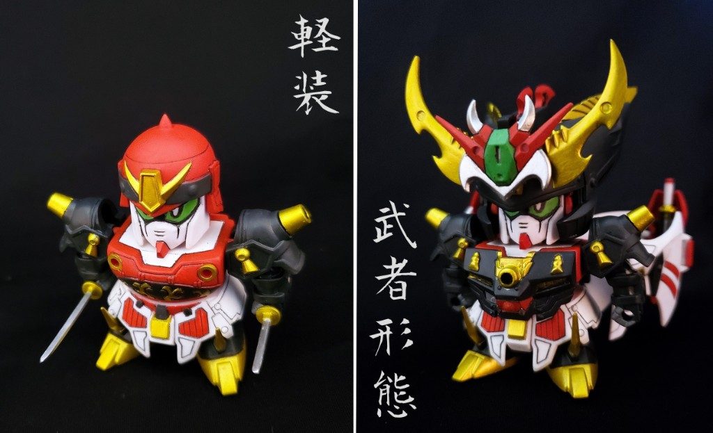 軽装はクーロンガンダムのイメージなのでしょう。バランスを見て腹部と脚部を延長しています。金色のパーツは全てメッキパーツなので溶剤で剥がし、オリジナルのゴールドを塗装後、クリアーイエローで仕上げています。良い質感になったと思います。