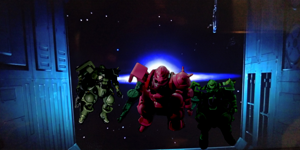 サイド7潜入捜査作戦、ファースト好きにはこのシーンは外せませんよね。早速再現してみました。上の突起物に肩がぶつかり宇宙へ跳ね返っていくシーン、GQでも再現されてましたね。