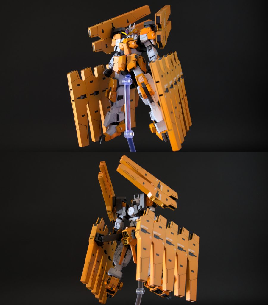 オレンジのパーツは１色だと単調だったのでグラデーションをかけてみました。上手くできた方じゃないかと自画自賛。S字立ちっぽく立たせたかったのですが、そのままだと固定されているリアアーマーと太ももが干渉してしまうので、リアアーマーを分割して位置を調整しています。腰の接続軸も数ミリ延長して前屈みしやすくしました。