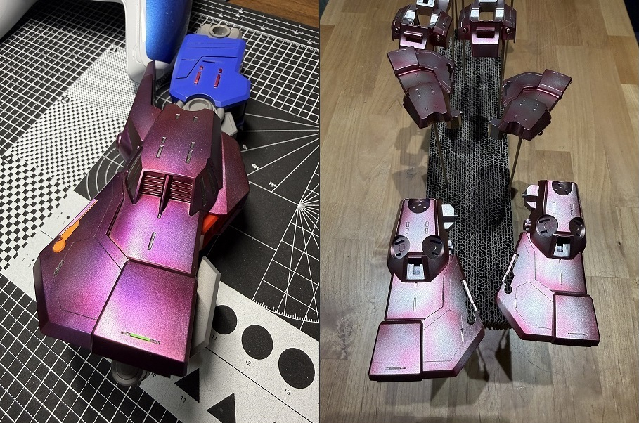 さて塗装なんですが、ライトニング2さんのアドバイスを基に、箱絵に似た塗装イメージ膨らませながら赤を不規則に下地色付けしてクリアバイオレットを吹付け塗装してみましたまぁライトニング2さんのようにいきなり思い通りには無理ですが、繰り返しクリアー塗装頑張っていきます(#^^#)