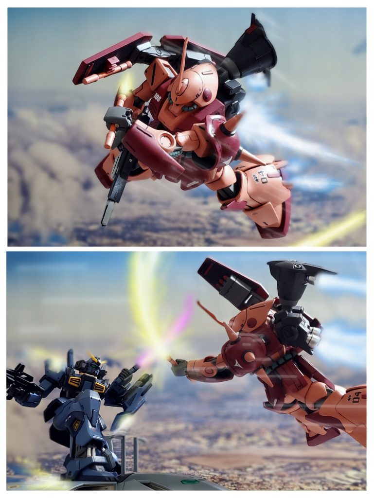 そして、被弾し動きが鈍くなり始めたMk-II4号機に向かいながら、シールド裏に仕込まれたビームサーベルを抜くダグザ少佐。空中である事をものともせず動き回る高機動型マラサイは、ついにガンダムMk-IIに接近。力強くビームサーベルを振り下ろす❕それに対し、姿勢を崩しながらもギリギリでビームサーベルを抜き、受け止めるウラキ中尉。互いのビームサーベルが激しくぶつかり合う…。このままではやられる…そうコウ・ウラキ中尉が感じたその時❕