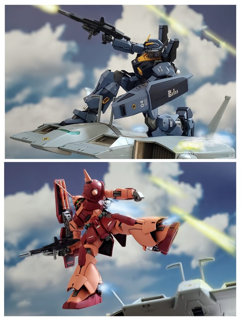 放たれる高機動型マラサイのビームライフルを巧みに回避しつつ反撃するウラキ中尉のガンダムMk-II4号機。だが技量の高いダグザ少佐の射撃の前に、次第に被弾していく…。だが、鍛え抜かれたウラキ中尉の戦闘技術は、ついにダグザ少佐の機体を下駄足から引き剥がす❕『かなり成長したようだな……パイロット技術は恐らく我らスターズの指揮官クラスに匹敵する…。』撃墜する対象ではあるものの、かつての教え子の成長ぶりに笑みを浮かべ呟くダグザ少佐であった。