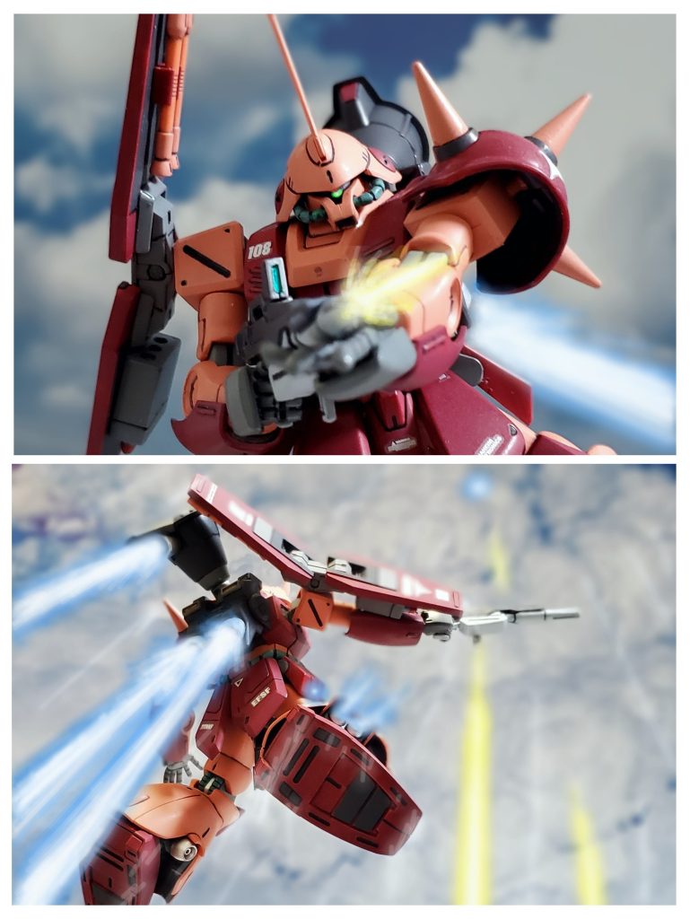 ド・ダイから振り落とされたが、なおもガンダムMk-II4号機を攻め続けるダグザ少佐。ダグザ少佐の巧みなバーニア操作と高機動型マラサイのフレキシブルブースターの推力により、自由落下状態とは思えぬ機動力を発揮。そしてダグザ少佐の高機動型マラサイは、ガンダムMk-II4号機の攻撃を回避しながらブースター全開で一気に間合いを詰める❕