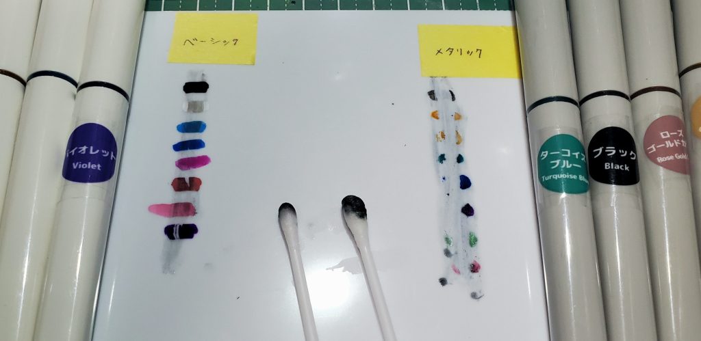 毎度ながらトップコートをしないまま、スミ入れをしてエナメル溶剤（ガイヤ・タミヤ）で拭き取ってみたら・メタリックカラーは溶けた・ベーシックカラーは問題なし（ 塗膜は激弱）心が折れましたね🤮①ちょい塗り②ダイソーで買える　ってのは良いですね