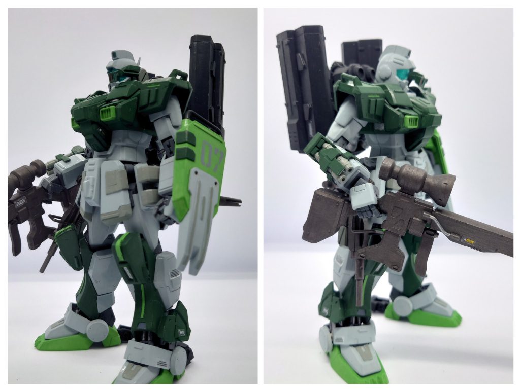 本体は全体的にシンプルで弱々しく感じたのでイロイロ変更、イメージとしてはパワードジムっぽくしてみました頭部:長距離砲撃用としてスカウター的なセンサーユニットを追加胸部:四角いブロックで構成された形状&縦長ダクトが気に入らないので変更、首の両サイドもボリュームアップ腰回り:アーマー類が短く短パンみたいに感じたので延長脚部:膝のスパイクが好みじゃなかったので形状変更、くるぶし上部に追加アーマー的な物を装着、つま先ギザギザ加工、踵に砲撃時転倒防止ユニット装備腕部:自作ツインビームサーベルユニット装着デティール:スジボリさぼって、各所プラ板貼り付け