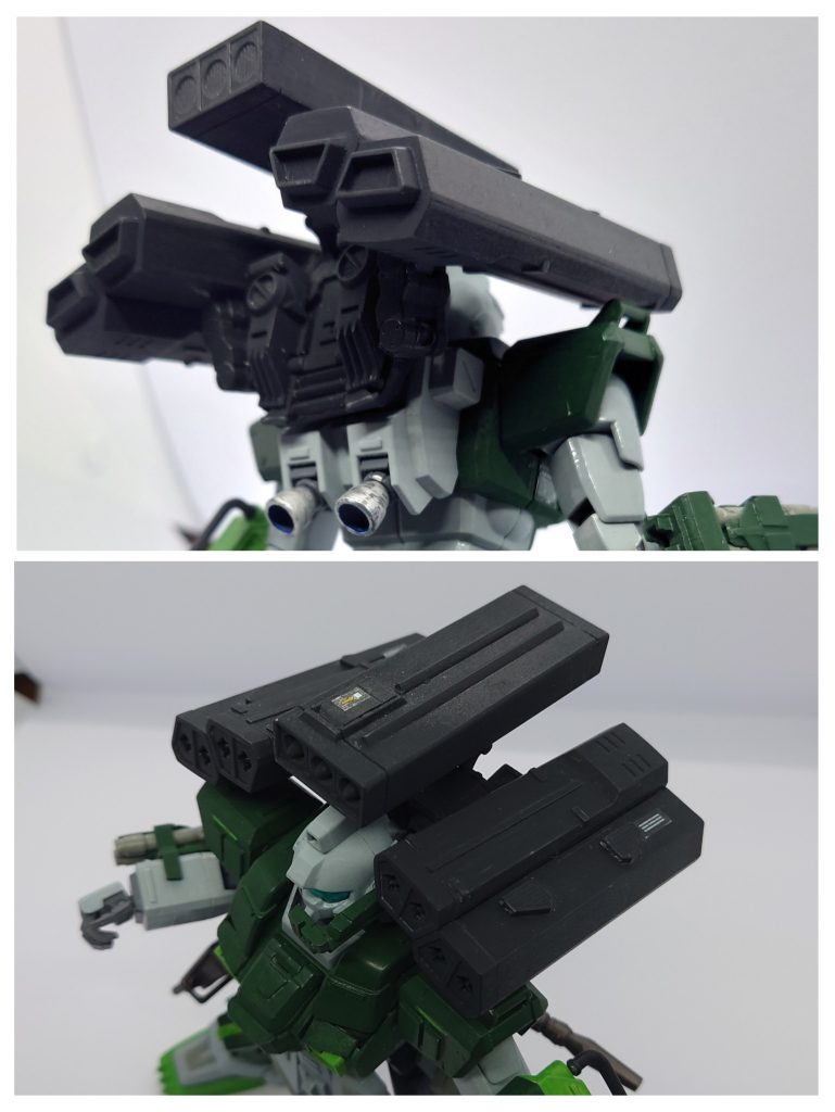 センター部分はザクの脚部ミサイルポッドをプラ板で延長、基部はシャンクパーツの組み合わせで作って、ネオジウム磁石で元のバックパックに被せてます