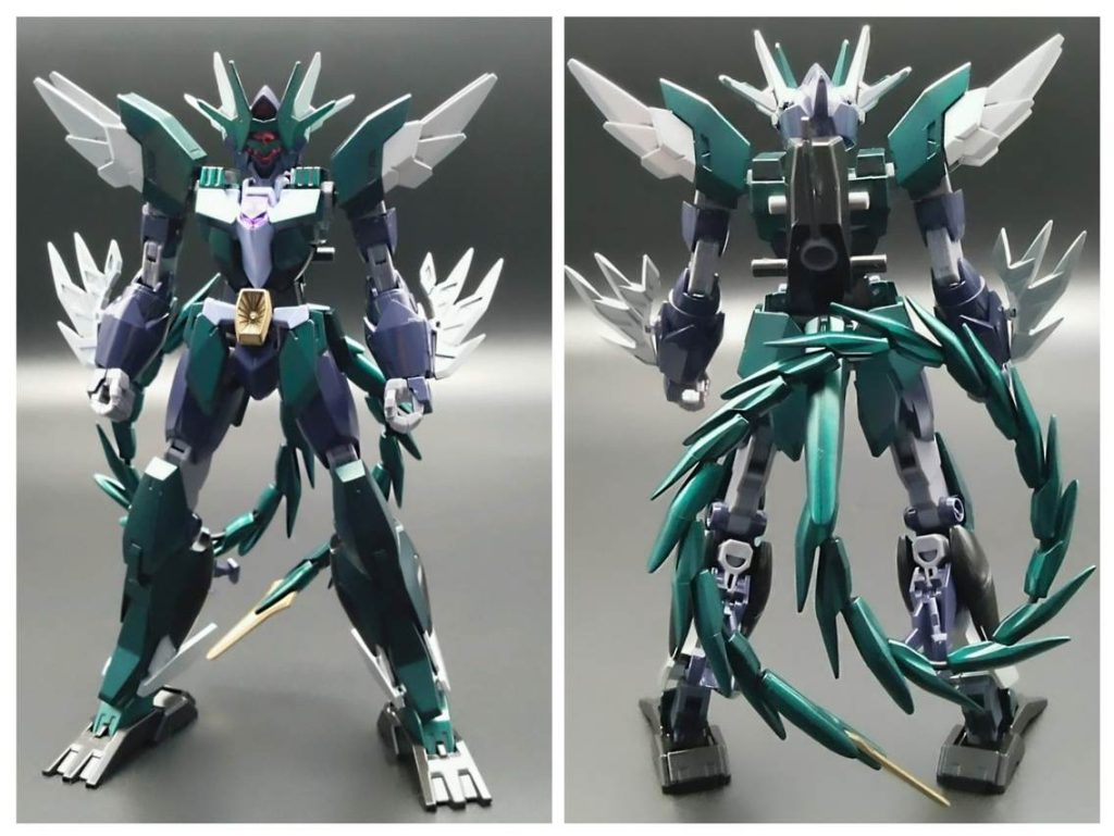 まずは軽装状態で前後から。全体的なイメージとして「半魚人」をモチーフにしています。名前の「ノクト」はラテン語の夜から取りました。使用カラーは以下です。アーマー緑部：Mrカラー メタリックグリーン(下地はサーフェイサーブラック)アーマー黒部：Mrカラー メタリックブラックアーマー銀部：タミヤスプレー シルバーリーフアルスコアガンダム本体：Mrカラー 光沢トップコート武装等金部：Mrカラー ゴールド全てスプレー塗装です。