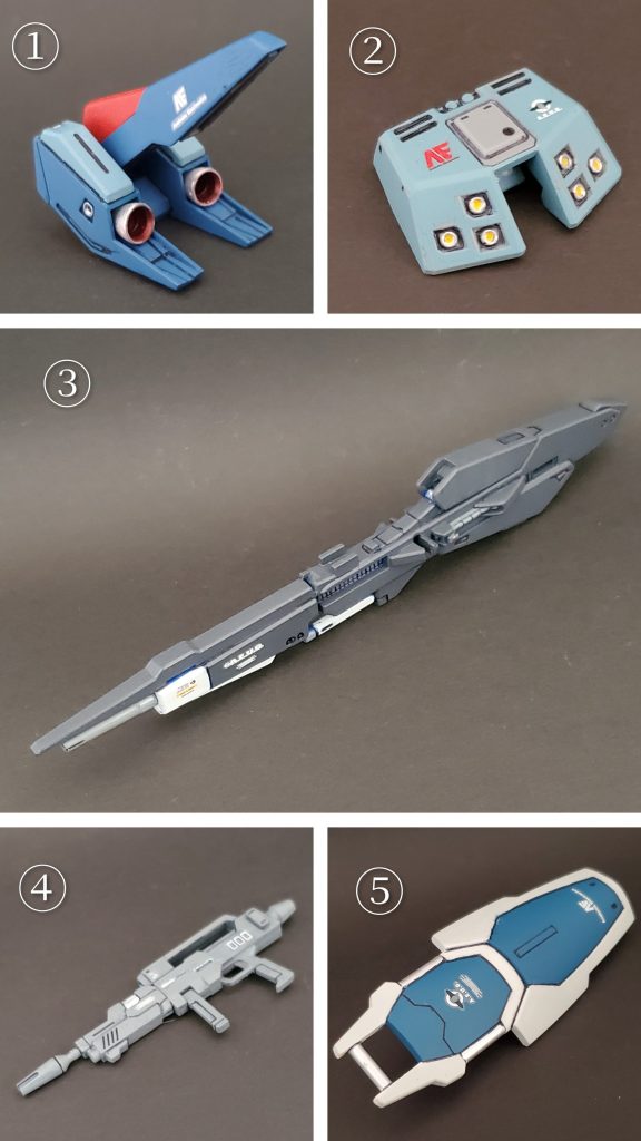 そしてこちらは今回の強化パーツ一覧です😎✨①一目瞭然かと思いますがバックパックはリ・ガズィのものをチョイス🎵Z計画で生まれた試作品バーニア設定です。ギリギリオーバースペックにならないと思い採用しました🤭✨②腰裏にアレックスのチョバムアーマーを流用しました🙌ヘイズルをよく見たら腰裏パーツはこれとほぼ一緒‼️なのであって問題なしと判断いたしました🙇✨③今回の目玉武器のハイパー・ランチャー❕旧HGUCのZガンダムのものを使い、伸縮機能を削り取り短く繋ぎ合わせました🎵後ろ部分は逆さまにしてグリップが上にくるよう改修しました😎✨④主兵装の強化ビームライフルはネモのビームライフルの先端を取り外し、SEEDか何かのライフルの前部分を合体させ、通常の雰囲気のあるビームライフルに仕立て上げました🤭🎶⑤こちらも見て判る通りGP-01のシールドをジャンクパーツから漁って装備させました🎵全く同じにならないよう少し短くしています👍️