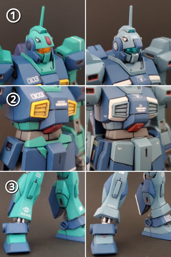 では今回の機体改修ポイント~🤩✨左側がノーマル右側がネモ・シュタルクです🎵①頭部のおでこ部分にあるパーツを削り取り、替わりにひさしの上にプラ板で四角いパーツを取り付けました。ゴーグルアイの雰囲気が鋭くなるかなぁ~と思ってしました🤭あと、顎ヒゲみたいな左右のパーツは首の可動域を阻害するので切り飛ばしました✂️✨②胸部センターのコクピット上の特徴的な四角い部分ですが、主張が強すぎるので上下の角部分を削り、柔らかい角面にしました👍️また腰パーツ前面にある左右のガード?も腰回転を邪魔するので排除してます🎵③脚部に力強さを出そうと考え、すね部分に1.2㎜のプラ板で装甲を強化いたしました👊✨そして少しだけですが、胸部や肩、ふくらはぎバーニアにスジ彫りを加え、ささやかなディテールアップを計っています🤣💦