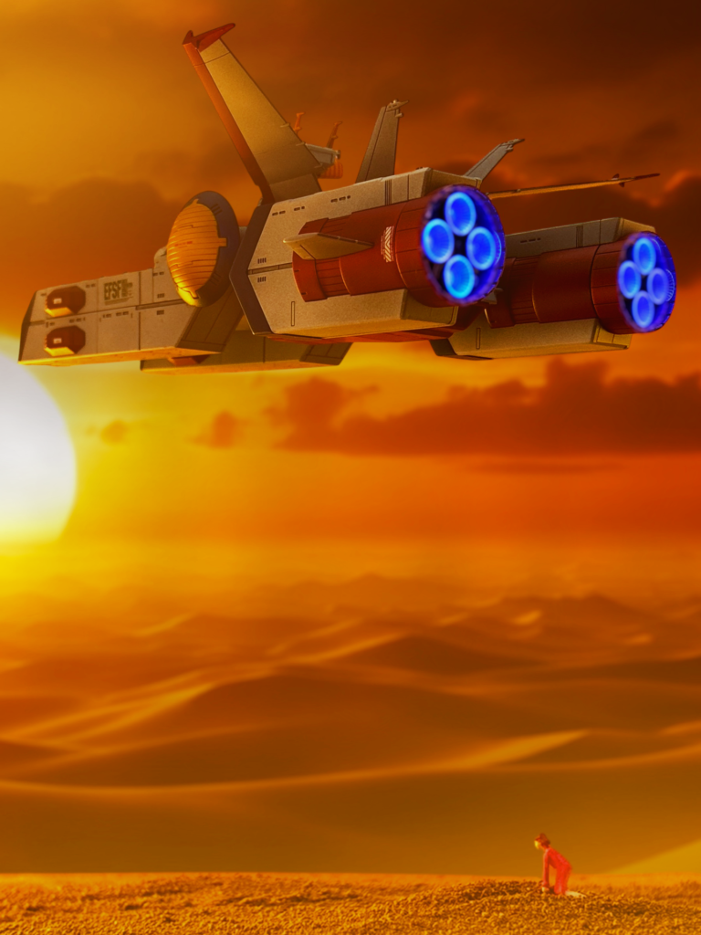 第13話 再会母よ…ホワイトベースの好きなシーンは後ろ姿が多いので、1番絵になるものをチョイス。普段以上にライティングを意識して撮影、強い光を当ててますが、エンジンは影側なので、蛍光塗装が綺麗に光って美しいシーンに仕上がりました😊夕陽の砂漠は背景合成ですが、母と1番手前の砂漠は造形しています。