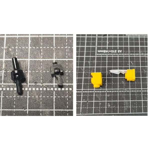 ガンダムアーティファクト第1弾のhi-νガンダム用のハイパーメガバズーカランチャーを制作。①銃身の根元ディティールをダイソーのブロックから拝借。②グリップをBJを加工し、可動化した本体に対応できるようにグリップ側を手に合わせる感じにしました。黄色いパーツを切ったり、削ったり、モールド入れ、ディテールを公式に似せる。③あとは、プラ棒、プラ板でスクラッチ。動力ケーブルは100均のイヤホンのコードにプラ棒で加工。④後方部にザンボルジムのサブアームを可動化し、ランディングパーツもスクラッチし、ランチャーを縦に装備する時の接地機構を仕込む。同サブアームとプラ棒でフォアグリップも制作。⑤組み立てるとこんな感じ。ディテールはまだ追加予定。⑥デカ物ですが脇に抱えての両手持ち出来るのがこのデザインのいいところ。前回の可動化ハイニューで構えてみました。持ち手をBJ化してるので可動域の少ない改修でも対応できます。(今回の改修もほぼ可動の仕込みは一緒です) 設計図は書かないで、公式の画像をアーティファクトのハイニューに合わせ縮小プリントアウトして制作しました。デザイン的には公式のものに似せ、ランディングギアギミックの追加でアーティファクトチックにできたかなーと思います。脇道しちゃいましたが本体の制作に戻ります!(3枚目)