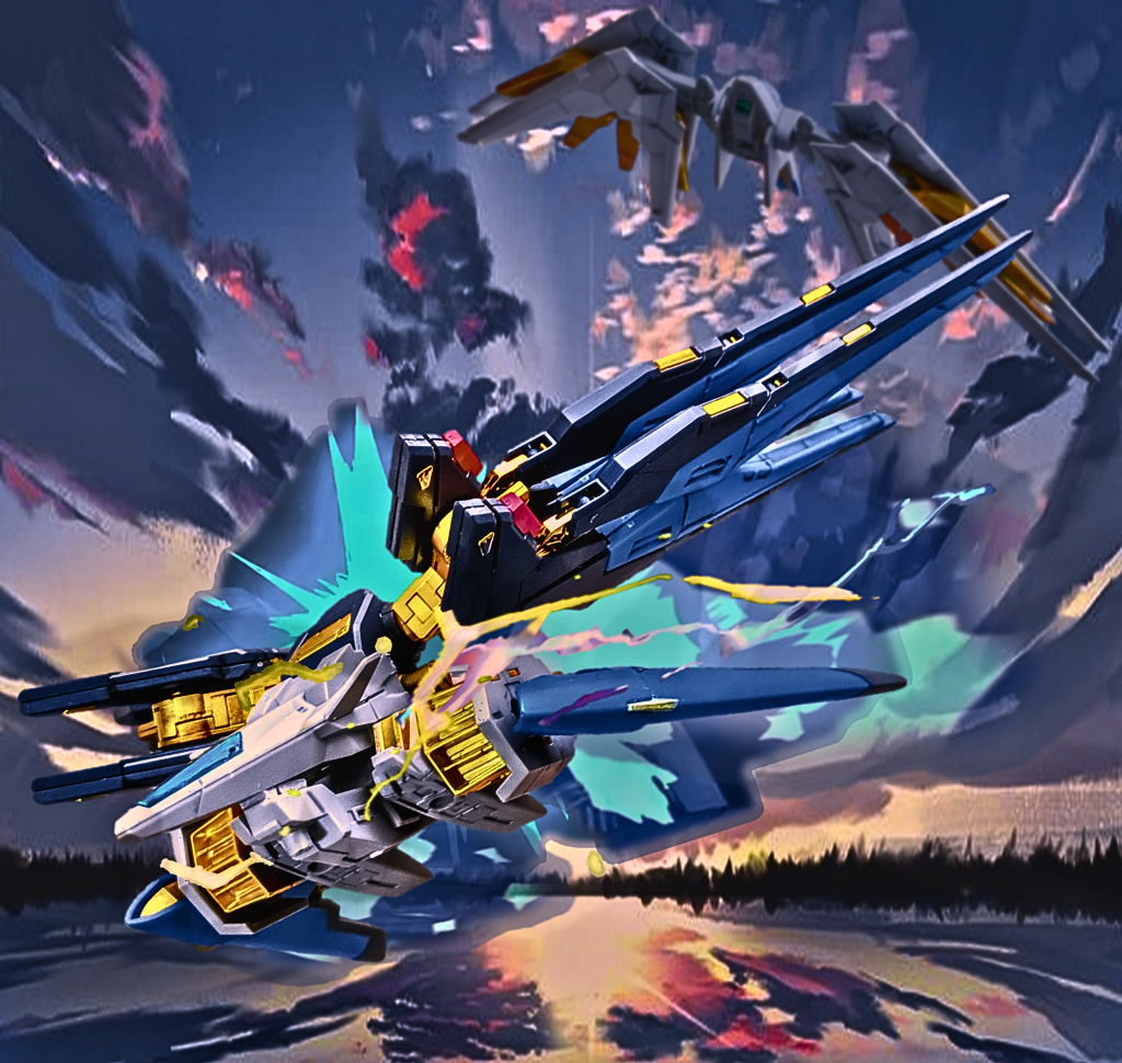 後編（地上での、新型空力デバイス、実験用ナノ粒子検証試験）「フェイズ・ディフェンダー」の真価は、単なる攻撃力強化だけの検証に留まらなかった。&nbsp;1. 荒ぶる蒼き閃光新型空力デバイスの検証は、空気抵抗を極限まで低減させる「実験用ナノ粒子」の散布下で行われた。しかし、ストフリ譲りの高出力フレームから漏れ出す余剰エネルギーが、ナノ粒子の放電を誘発し、それが大気と干渉。速度は理論値に達しなかった。もちろん、開発は計画通りにいかない。放電現象についてもデータの蓄積はされるものの制御方法の確立までには至らず、開発は行き詰まっていた。この予期せぬ放電現象を、開発陣は失敗と捉えていたが、ラクスだけが、平和への希望を見出す。&nbsp;2. ラクス・クラインの「気づき」モニター越しに、激しくも美しい放電を見つめていたラクスは、ある可能性を口にする。「この激しい光は、機体を蝕む拒絶ではなく……いつか、大切なものを守るための『翼の輝き』にはなり得ないのでしょうか」&nbsp;その一言が、単なる「エラーデータ」として処理されかけていた放電現象に、新たな光を当てた。&nbsp;3. 継承される技術この時、記録された「ナノ粒子の異常放電とその制御データ」こそが、その後、プラウドディフェンダーが纏うこととなる「黄金のナノ粒子放出システム」、そして、精神感応によって雷撃を操る制御技術の、世界で最初の1ページとなったのである。&nbsp;&nbsp;デジラマとしては、 この時点では存在しないのですが、未来からの俯瞰として、高高度にて、その猛々しい試験飛行を「プラウドディフェンダー」が静かに見守っています。この試作機が流した「スパーク」という名のデータこそが、後にプラウドディフェンダーという最強の翼に結実し、黄金のナノ粒子放出システムの礎となっています。&nbsp;完成された『未来』の足元には、必ず泥臭い『過去』の積み重ねがあります。この試作機が流した汗（データ）が、最強の翼を飛ばすのです。