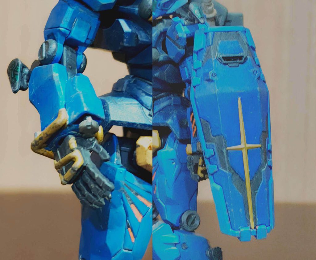 右手のヒート・ロッドと左手のシールド。ヒート・ロッドはグフ・フライトタイプの余剰パーツで事足りました。ワイヤーの銅線以外は全部まかなえるので助かります。ヒート・ロッドは収納が謎のミミズ型はGQuuuuuuXデザインでは採用されてないだろうと考え、グフ・カスタムのワイヤー型を選択しました。シールドは赤いガンダムから調達しましたが、こちらは手を加えなくてもそのまま装着できました。