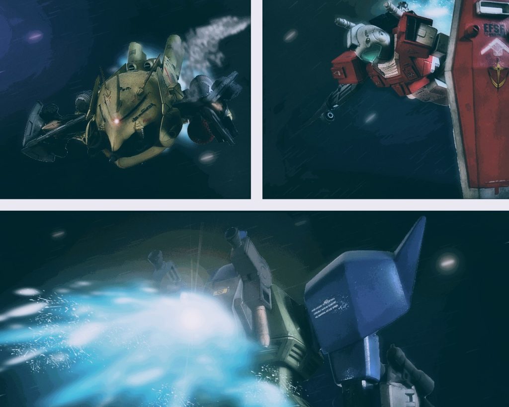 「こちらシュヴェーアトヴァール、救援を求む、繰り返す…」コクピット内のメインモニターに煙を上げたモビルアーマーが映る。「こちら宇宙攻撃軍第302哨戒中隊アナベル・ガトー、貴官の所属と管制名を求む」「ガトーだと…、アナベル・ガトーなのか？」モビルアーマーのパイロットはこちらを知っているようだ。「貴官は…」「俺だ、ガトー！ケリィ・レズナーだ！」「レズナー、まさかお前だったとは!?」「すまないガトー、敵の艦隊を見つけたがこの様だ」「手負いのようだな、後は私が引き受ける」「油断するな、今までの連中とは違うぞ！」「心得たっ!!」ガトーはスラスターで加速すると敵機との距離を縮める。敵の殿は背部に2本のビームサーベルを差したジムであった。「カリウス前に出られるか?」「行けます！」ゲルググはビームライフルのチャージに入り、その間カリウスのリック・ドムが援護に入る。阿吽の呼吸で連係する2機だが敵も腕が立つようだ。リック・ドムのジャイアントバズを避けつつ反撃のビームライフルで牽制する。そしてチャージが完了したガトーはその2本差しジムに向けて再度狙い撃つ。