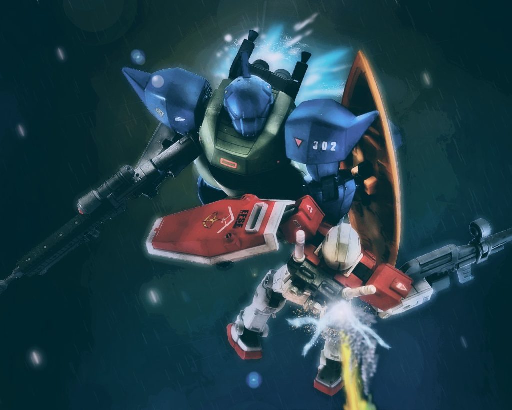 「この間合いっ…!!」ゲルググのビームナギナタがジムの中心部を貫いた。背部からはショートした火花と放電の光が溢れる。コクピット部を灼かれパイロットは痛みを感じる事なく即死であろう。(なんという威力だ…、これなら！)ガトーはMS用ビーム兵器の力に驚きつつ、その高性能さに確信を得た。2本差しのジムが爆散すると他の2機は一瞬動きを止めた後に方向転換し、その場から離脱を図る。どうやらこの2本差しが指揮官機だったらしく、それを失った事からこれ以上の戦闘は困難だと思ったのだろう。「…良い引き際だ」ガトーは敵ながら感心するとこちらからも追わずケリィのモビルアーマーの方へ向かう。