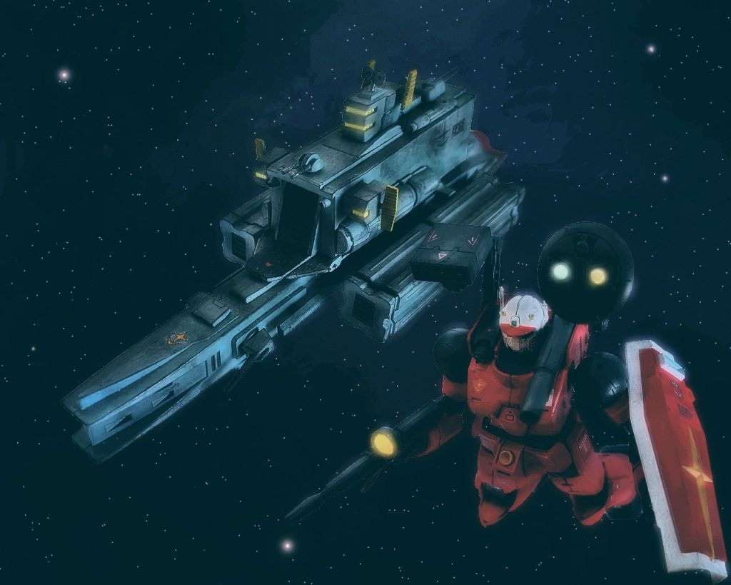 「始まったか!!」大柄で口周りに豪快な黒髭を生やした男が言う。ドレーク級軽空母の艦長、サミュエル・グレゴ中佐は艦長席で前のめりになりながら目を輝かせた。「よしっ、グレイス少尉！貴隊も全機前に出ろっ!!」「えっ、全機ですか?、艦の直衛はどうするんですか!?」「構わんっ、敵は僅かだ！新編成された我が独立戦隊初の実戦には物足りないが、アップグレードした性能を見せつけて一掃してやれ！」「…了解」(ヤレヤレ、あの人勢いだけだからな…、ホントに佐官か?)ガンキャノンV.Cのパイロット、レイド・グレイス少尉は呆れつつも機体を前進させる。「これからはMS時代だ！それを運用する空母こそ最高最強の船よ！」サミュエルは力強く拳を握りしめると満を持して言い放った。