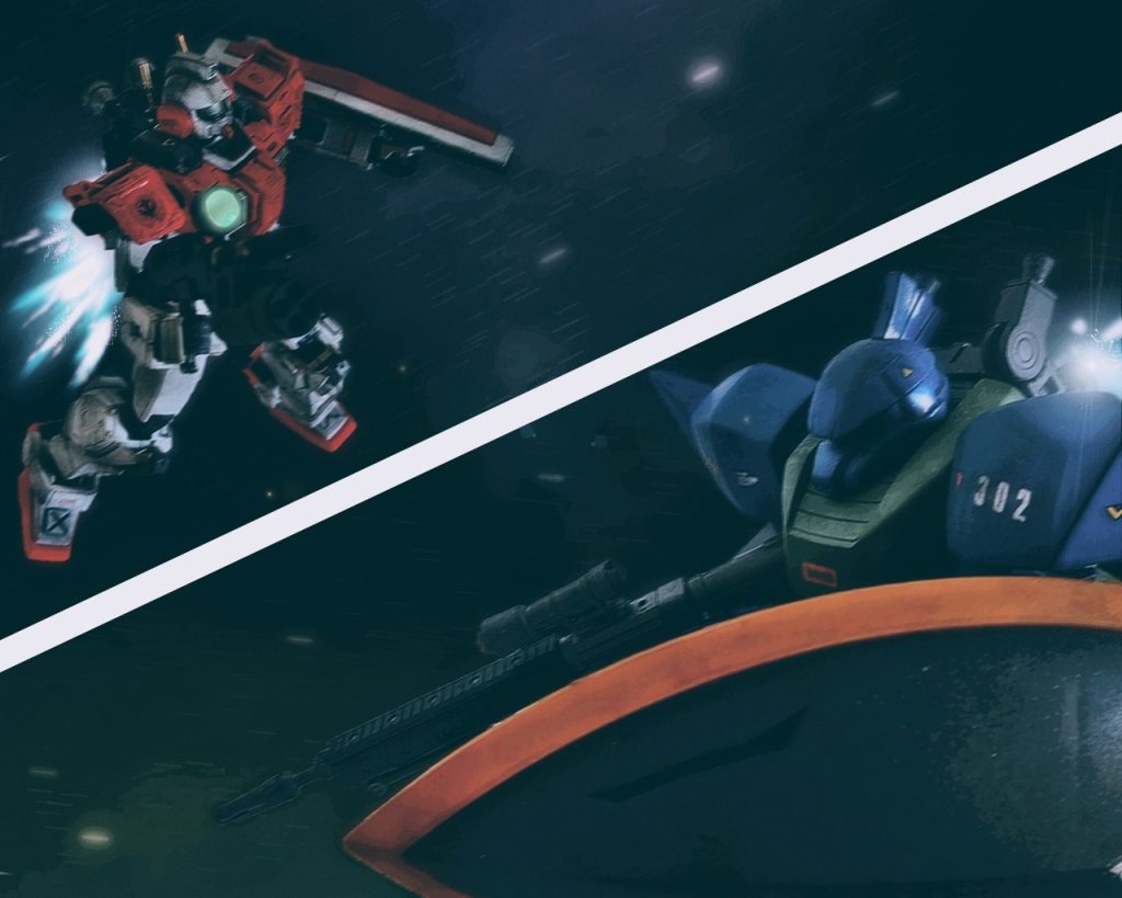 「敵ながらやるっ!?」互いにビームライフルを撃ち合いながら、目まぐるしく攻防が入れ替わる。先程ガトーは敢えて懐に飛び込み接近戦を仕掛けたが、このジムに対しては慎重になった。2本差しよりも腕が数段上であり、迂闊に仕掛ければこちらが反撃に合うだろう。更に相手のビームライフルの方が連射性に優れ、手数からガトーの方が追い立てられる構図になる。カリウスの援護も入るが敵はそれにも対応していた。