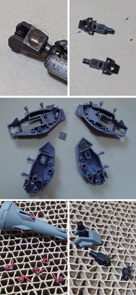 肉抜き穴埋めとパーツ加工の様子。肉抜き穴埋めは、首関節裏、腰サイドアーマー裏側、脛の膝横(ビームジャベリンラック)裏に実施。大きいドラグーン(GDU-X7 突撃ビーム機動砲)のビーム砲(赤いパーツ)、腰サイドアーマーのラックは、分割して角度変更可能にしました。