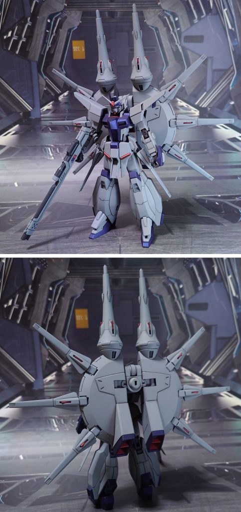 レジェンドガンダムの前後ろ。工作は、ゲート痕処理、エッジ尖らせ、パーティングライン・段ズレ・ヒケの対処、面出し、肉抜き穴埋め、市販パーツ貼り付け・埋め込みによるディティールアップ、削り落としによるディティールダウン、真鍮線埋め込みによる可動軸の補強を実施。