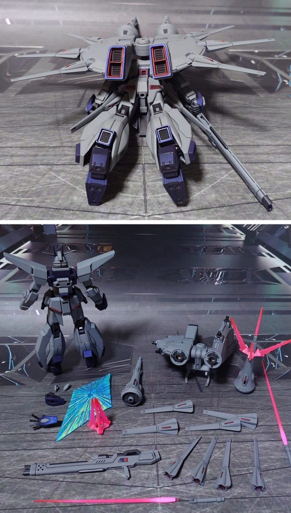 下からのアングルと、付属品一式。■塗装工程グレー：黒サフ→呉海軍工廠グレイ→つや消し青：黒サフ→レーシングブルー→つや消し赤∶黒サフ→メタリックレッド→つや消し黒：黒サフ→メタリックブラック→つや消し頭部センサー・ツインアイ：黒サフ→キット付属シールを使用→光沢ビームライフルセンサー：キット付属シールを使用→ガンダムマーカー・光沢ビームジャベリン刃・ビームスパイクエフェクト：先端側にメタリックレッド→根元側にベースホワイト→全体に蛍光ピンクビームシールド(ソリドゥス・フルゴール)エフェクト：表側にガンダムマーカー・光の翼ホロブルー→全体に光沢足裏金属パーツ：メタルプライマー→メタリックブラック→つや消しその他墨入れ・部分塗装∶ガンダムマーカー各種を使用
