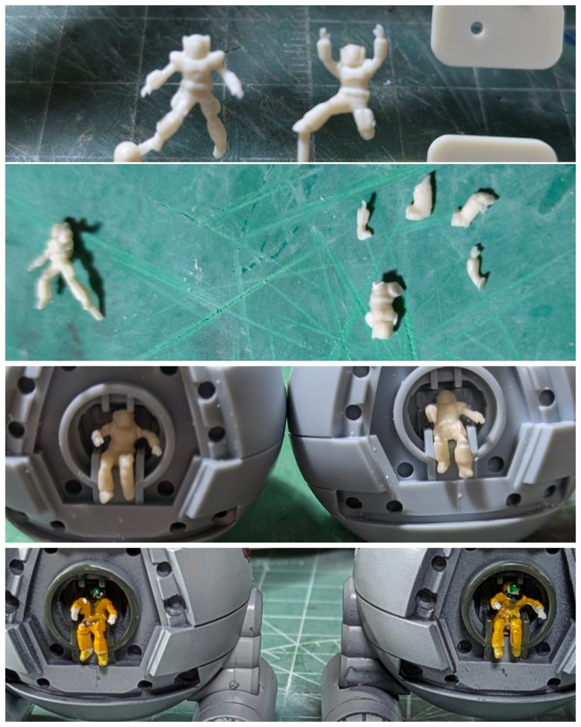 パイロットはシートに座れる様にするために四枝をバラバラにして接着し直しました。2人のパイロットは意図せずして同じ様な姿勢になってしまいました(笑)