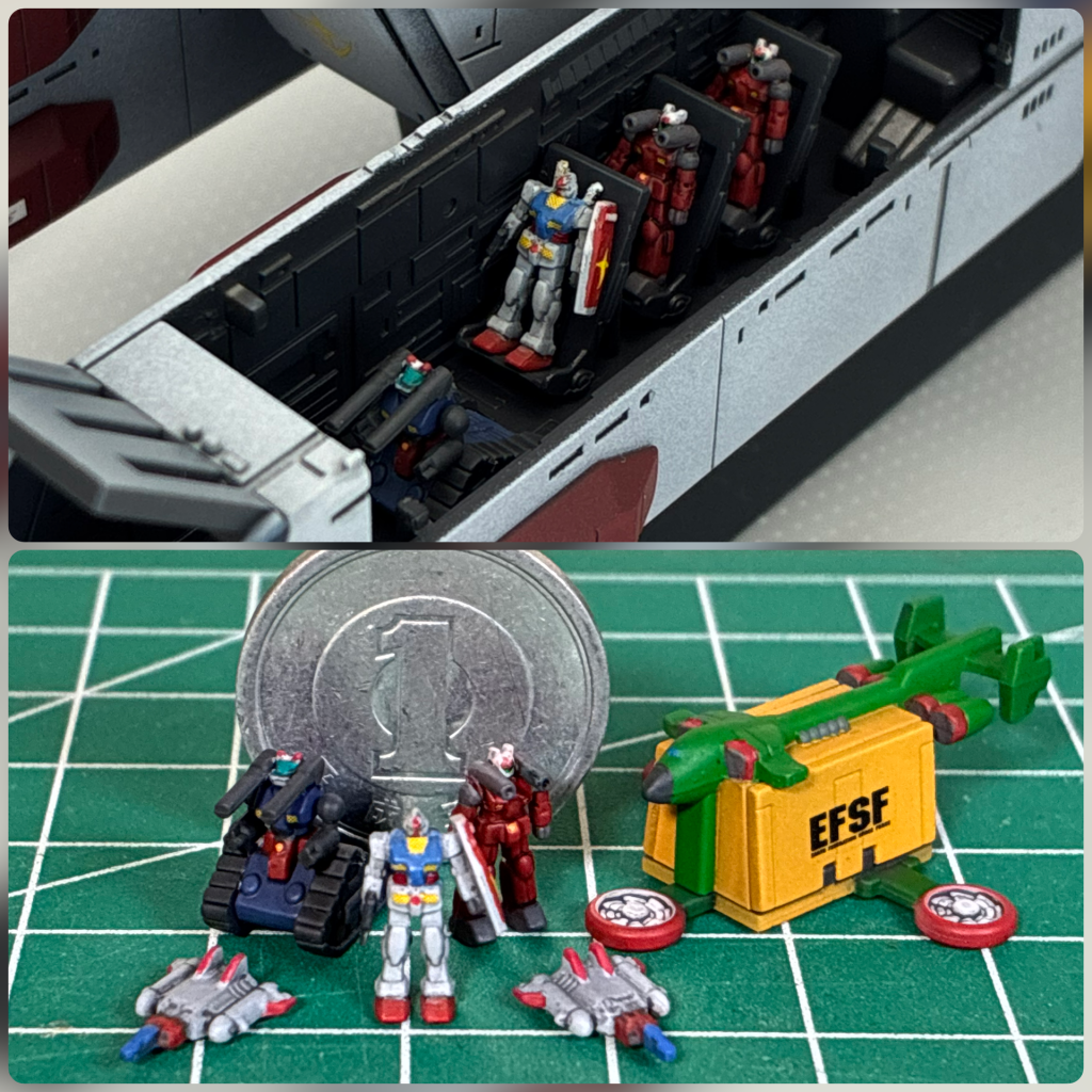 造形をいじっていないのでザックリですが、制作工程です。とにかく大変だった艦載機群は、1円玉と比べるとこのサイズ!拡大鏡を2枚重ねればディテールも見えるのですが…恐ろしいものです.手の震えが止まりません😱何度かベシャっと塗りつぶしてしまっては修正を繰り返し、どうにかこうにか人に見せれるレベルになりました😅