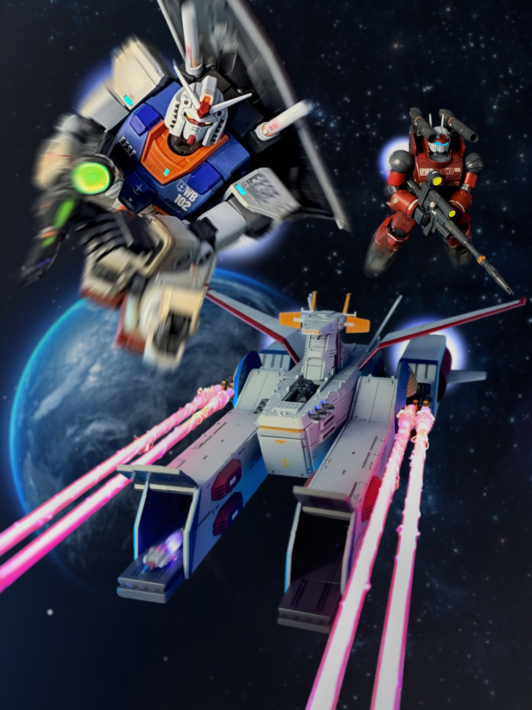 ホワイトベースが活躍していないので、メガ粒子砲を撃たせたくてなんとなく…😅いつかムサイをゲットできたら、こんなんじゃなくてめぐりあい宇宙編冒頭の戦闘シーンを作ってやるという気持ちになってます。