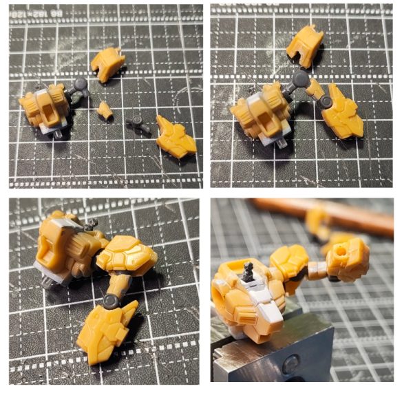 ガンダムアーティファクト Hi-νガンダム 腕部 胸部改修①腕の可動化。可動化は前回と同じ感じ。肩のTジョイントをコトブキヤのABSユニット01からホビーベースの関節技球体ジョイントミニに変更。軸径が2.3㎜から2㎜になったので二の腕の穴を若干小さくすることができ、保持と耐久度をUP。いつもどおり、BJ03のボール軸を切って、ジョイントミニに移植(真鍮パイプ0.5㎜を軸打ちで補強)胸部に入り込むようにBJ03の受けの余分なところをカット。ジョイントミニの軸径も短くカット。②肘関節は、いつものコトブキヤABSユニット01の最小Tジョイントで。(このコトブキヤのTジョイントが廃盤なのか売ってません。このサイズTジョインの代用が見つかりません!手持ちも無くなりました(>_<)肩アーマーは軸にハマるように加工。スラスターはモナカなので作りなおします。なので排除。③胸部 少しディテールを変更。胸部真ん中のアーマーのラインが嫌なので削って無くし、低くなった分をプラ板で。ダクトも別パーツに見えるように削りこむ。首の可動も前回と同様BJ03のBJを移植し、軸先をボール状に削り頭部側で可動化。補強で0.5㎜真鍮パイプを軸打ち。背中は、このハイニュー独特のバックパックがめり込んでいる状態なので、写真のようにカット。バックパックをその形に合わせて新造。前回は背中をえぐって加工はしてないので厚ぼったい感じを解消できました。前回より自然な感じに可動化を仕込むことが出来たと思います!あとは細部を攻めていきますか~(3枚目)
