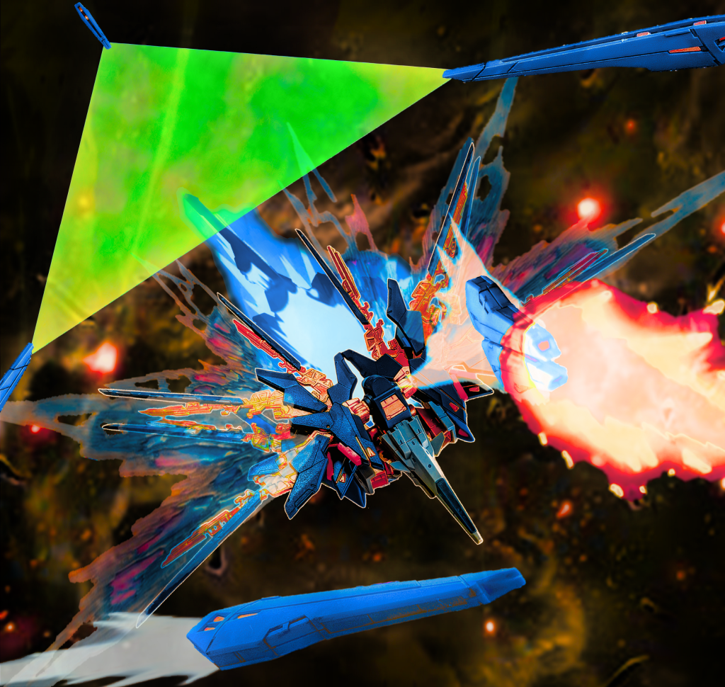 【開発系譜ストーリー：蒼き翼の揺籃（ようらん）】&nbsp;前篇（宇宙での新型ドラグーンの検証試験）1. 限界を突破する「連帯（連携）」「フェイズ・ディフェンダー」のコアユニットに搭載された新型ドラグーン制御系は、従来のオールレンジ攻撃を次元の異なるものへと進化させた。集団戦を重視するコンパスの運用思想の下、導入された「アサルトモード」と「ディフェンスモード」が、ドラグーンの単なる個体運用を超えた「連携と連帯」を可能にする。&nbsp;◎アサルトモード: 複数のドラグーンが銃口を揃え、一点にエネルギーを集中させる高出力照射。◎ディフェンスモード: 幾何学的な連携により、広範囲にわたる強固なビームシールドを展開するモード。&nbsp;これらは、後にマイティストライクフリーダムが放つ「ディスラプター」の精密な収束制御や、プラウドディフェンダーの「黄金色に輝くナノ粒子」による全方位防御の「制御ロジックの原型」となっている。&nbsp;2. ラクスが見出した「調和」検証試験における経過報告を受け、ラクス・クラインは、そのデータの中にある「可能性」に微笑む。&nbsp;「個々がバラバラに戦うのではなく、互いに手を取り合い、守り合う。この子たちの動きは、まるで、私たちの目指すべき『世界の姿』そのもののようですね」&nbsp;彼女のこの言葉により、新型ドラグーンのアップデートは、単なる「破壊兵器」の強化から、「搭乗者の意志と空間を調和させるインターフェース」へと、その開発舵を切ることになる。&nbsp;3. 英雄たちのための「翼」新型の空間認識サポートにより、キラのような超人的な認識能力がなくとも、アスランやシンのような卓越したパイロットであれば、その性能を極限まで引き出せる仕様へと最適化された。この「操作性の向上と高い戦術自由度」こそが、後のライジングフリーダム、そして、最終決戦のマイティへと続く、揺るぎない「系譜」となったのである。&nbsp;現実世界においても、独りで戦うのではなく、連携（連帯）して守り合い、人と人が繋がって乗り越えていきたいものですね。続いて、後編です。後編は、地上における検証試験です。&nbsp;&nbsp;