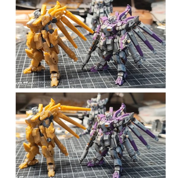 【ガンダムアーティファクト　Hi-νガンダム　ファンネル改修】①ファンネルを2組と1組に分離し、内側の2組はネオジムを仕込んで脱着可能にし、外側の1組はプラ棒で軸打ちし角度を変えれるようにしました。②ノーマルと比較③外の1組だけでも角度を変えることによって、大分表情が変わると思います。【その他改修】④足のディテールを追加。エポパテで肉抜きを埋め、スジ彫りで溝。⑤腰のフロントアーマーの裏にトラスディテール追加。エポパテで肉抜きを埋め、プラ板でトラスディテールを作り貼る。⑥脚部ふくらはぎ、肩のスラスター制作。市販のものをサイズに合うように切り、プラ板で補強し制作。肩のものは、エポパテで土台を作り、2つスラスターをくっ付けてます。（4枚目）