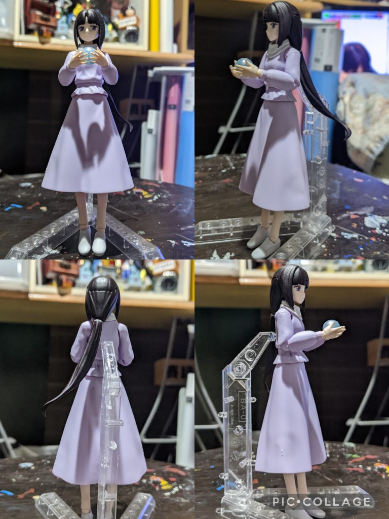 頭部の髪の毛だけ、筆塗り　他は紙やすりを「400」「600」「1000」の順番でヤスリがけ※顔はヤスリがけしてないです。リアルタッチマーカーで陰影を付けて、トップコートで仕上げます。肌や髪の毛は半光沢　袋や靴はつや消し。DOMEは全体的にヤスリがけして、缶スプレーのシャインシルバーをシュッシュして、その後缶スプレーのクリアブルーをシュッシュしました。