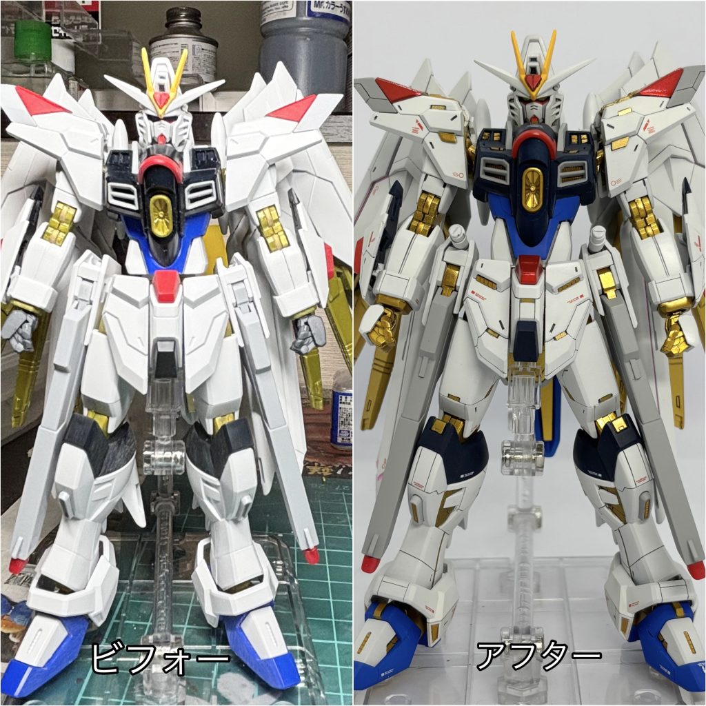 まずは素組みとの比較。首0.5mm、腰1.5mm、上腕1mm、太もも3mm延長し、主人公機らしくスタイリッシュな体型に改修しました。