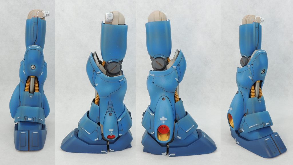 ■右脚部右脚部は主にスジ彫りによりディティールを追加しました。左脚部の内部メカ露出状態と対比させるために、ノーマルな状態で組み立てています。