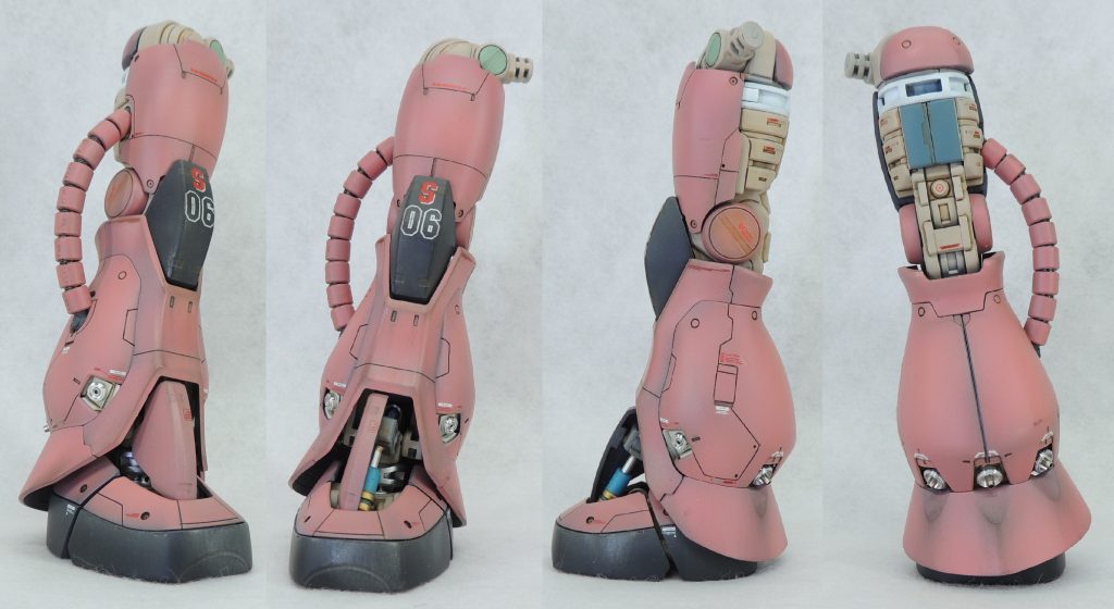 ■右脚部 右脚部はスジボリやプラ材の貼り付け等によりディティールを追加しました。左脚部の内部メカ露出状態と対比させるために、80%ノーマルな状態で組み立てています。S型ザクの特徴的なスラスターは、ハイキューパーツ製のSディッシュやガンマズルを組み合わせて使用しました。