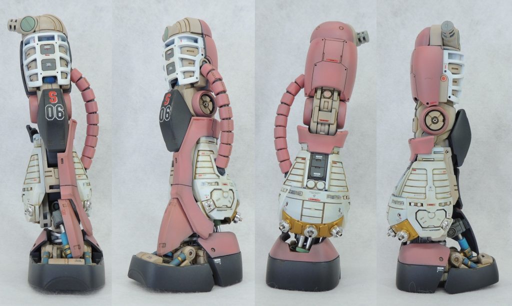 ■左脚部 左脚部は、外装のほとんどを取り払い、内部メカを露出させました。筆塗は一切行わず、細かい塗り分けは全てマスキングで対応しました。全体的につや消しですが、所々金属パーツや金属色を使用したり、マーキングにレッドのコーションマークを用いたりして、アクセントを付けました。