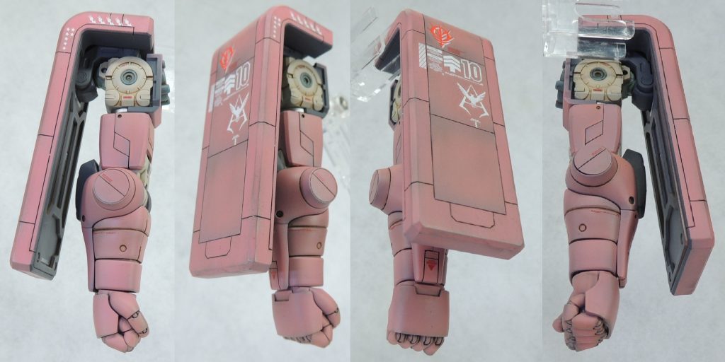 ■右腕部 シールド及び右腕は、プラ板の貼付け、スジボリ、ピンバイスでの開口等によりディティールを追加しました。左腕部の内部メカ露出状態と対比させるために、肩以外はノーマルな状態で組み立てています。ヒジのプリン型の部分は膨らみを強調したいと考え、ウェーブのU・バーニアを貼り付けました。拳はミカド屋の「【ver_2.0】CLASSICマニピュレーター【Aセット】サイズ:12.9mm」を使用しています。 なお、1stガンダムのTVイメージ、大河原邦男先生の設定画や80年代リアルロボットの雰囲気を重視し、”指”や手の平も機体色と同じにしました。