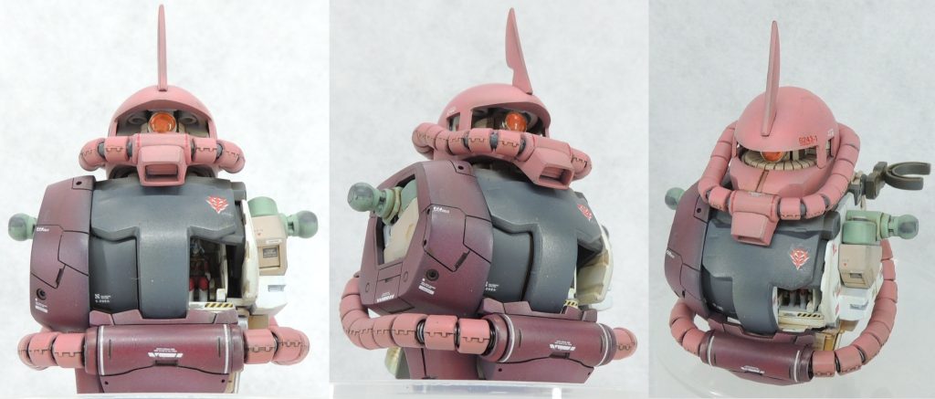 ■頭部 ザク系キットの頭部形状で個人的に一番気に入っている、旧キット「1/144MS-06R高機動型ザクⅡ」をリスペクトしてVer.2.0の頭部を改造しました。 動力パイプの取付基部をハイパーカットソーで切り離し、横幅を若干詰めた後、プラ板を挟んで接着。さらに、後頭部と両頬にエポキシパテを盛り削りすることで、正面から見た際にたまご型で面長になるように改造しました。ひさしはブレードアンテナの取付基部を頂点として左右の面を削り込み、口ダクトはプラ板で囲んで延長した後に縁を薄く削りました。 また、大河原邦男先生の設定画の雰囲気を汲み取って、人中の中央部を瞬間接着パテで少しだけ盛り上げて形状の微調整を行っています。モノアイはハイキューパーツ製のSPプレート4.0mmφとH・アイズを使用し、中央にLEDを1個配置して配線は首から胸部へ逃がしました。胸部右側のコクピットハッチで磁石をかざすとコクピットと同じタイミングで点灯します。点灯パターンのうち、「ゆっくりとした明滅」を選択すると、モノアイの”グポォン…”と発光&フワッと消灯が再現できます。 動力パイプは、モールドの向きを揃えて瞬間接着剤の点付けで固定しました。