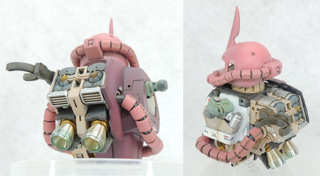 ■ランドセル 内部メカを露出させるため、外装は右側面のみ取り付けました。ノズルはハイキューパーツ製STDスラスターノーマル8.0mmに置き換え、クリアブルーとクリアオレンジをエアブラシで吹き付けて焼け表現を行いました。キットはザク・バズーカを腰部にマウントする仕様ですが、ランドセル左側に縦方向に設置する方法に変更しました。 バズーカ設置用のパーツは、1/144オリジン・ザクのザク・バズーカ取付用パーツ・プラ板・ランナーから自作しています。これは、「HOW TO BUILD GUNDAM2」に掲載の川口克己氏製作メンテナンスハッチオープン時の1/72シャア専用ザクへのオマージュです。