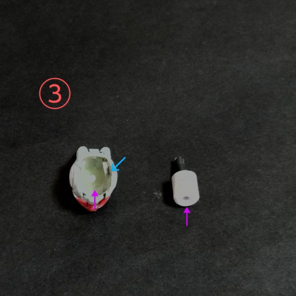 ガンキャノン頭部の加工今回は画質が悪くてすみません🙏💦①の画像で市販の5ミリボールジョイントを加工して、内部センサーのモールドをスジ彫りした0.3ミリプラ板を貼り付け内部ユニットと積層プラ板で首輪パーツを製作。②の画像で暗記用のクリアーグリーンの下敷きを切り出してヒートプレスしてカメラシールドを製作しました。③の画像で頭部内部に2ミリプラ棒を取付け、そこに作っておいた内部ユニットを差し込む様にしました。④の画像で頭部の形を少し修正して、元々シール仕様のカメラ部をくり貫いて加工しました。武装編その1へ続く🙏（4枚目）