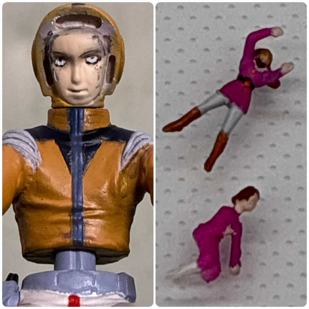 撮影小物です。カイは大昔のガチャガチャのアムロです。コアファイターのコクピットシートで操縦桿握ってる素晴らしい造形物なのですが、当時クオリティで顔が似てないので、是非リファインしてほしい…1/20より小さいかな程度なので、コクピットは白いガンダムで作ったものを流用、バイザーがついてないのでレジンで自作しました😃ミハルと母さんはポーズの近い1/144フィギュアを切り貼りして、筆塗りでチャチャっと作ったものです。