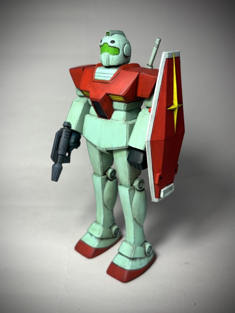 無改造、マーキングもしていません。重心を下にすべく、スリッパには釘を仕込んでおります。呪物のようですが、重みが出て手になじみます。シールドははじめから窓が開いていてよいですね。ガンダム同様、シールドは、ブルーホワイトに塗りました。