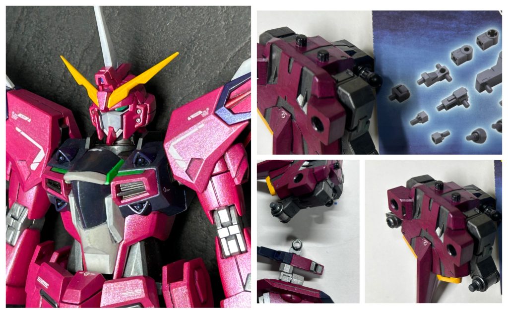 胸部に白と緑のラインを追加。ここはインフィニットに見えるように。 バックパックの改造は「メカサプライ、ジョイントセットB、06」を組み合わせ、一部接着。