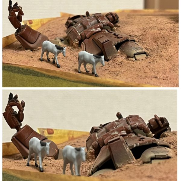 ラクダ🐪がないので、とりあえず馬🐎を購入しました。これから馬をラクダに改造します😭GUNSTAでラクダを作る事になりそうです😅イメージは最後の写真のラクダキャラバン！人のフィギュアも加えるともっと良くなりますね。地面の色もこのイメージに合わせてました。ザクの塗装はこれからになります。破壊されて年月が経過した設定なので兵士よりはラクダキャラバンの方が断然哀愁が漂います…😊（3枚目）