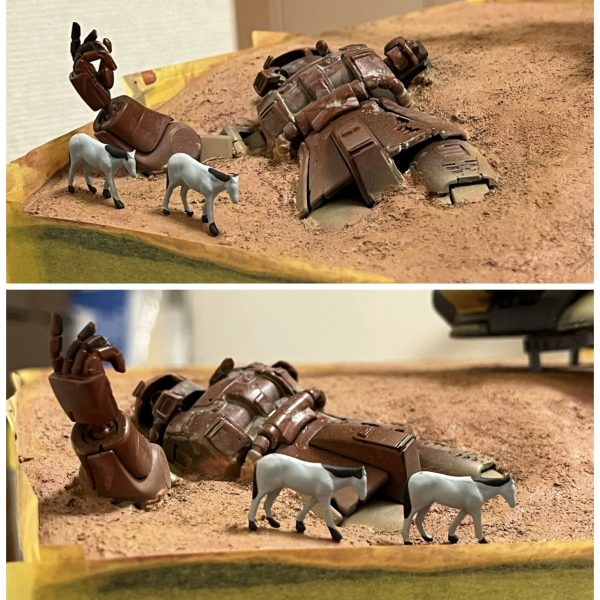 ラクダ🐪がないので、とりあえず馬🐎を購入しました。これから馬をラクダに改造します😭GUNSTAでラクダを作る事になりそうです😅イメージは最後の写真のラクダキャラバン！人のフィギュアも加えるともっと良くなりますね。地面の色もこのイメージに合わせてました。ザクの塗装はこれからになります。破壊されて年月が経過した設定なので兵士よりはラクダキャラバンの方が断然哀愁が漂います…😊（2枚目）