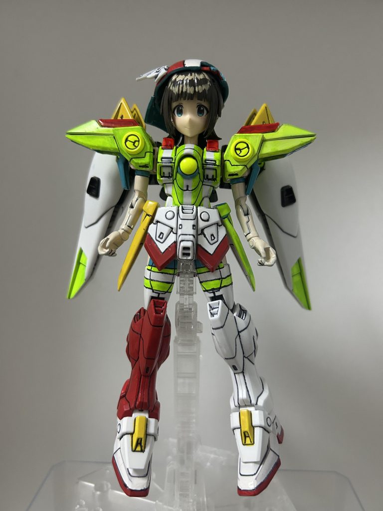 使用した内容頭：30ms天海春香帽子：余りパーツで作成（多分AGEタイタンの肩？）体・肩・脚：HGウイングガンダムゼロバックパック：HGウイングガンダムゼロ＋RGウイングガンダムゼロEW［クリアカラー］
